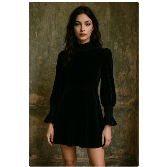 Zara Black Velour Mini Dress Smocked Sleeves High Neck Boho Gothic Vintage Party - Picture 1 of 15